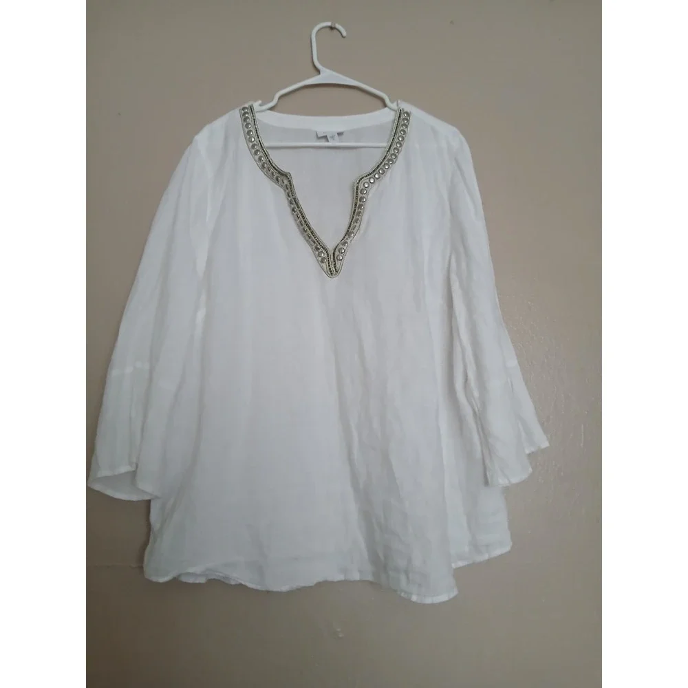J Jill Top XL Love Linen Tunic Embroidered Cottage Hippie Peasant Boho Bohemian